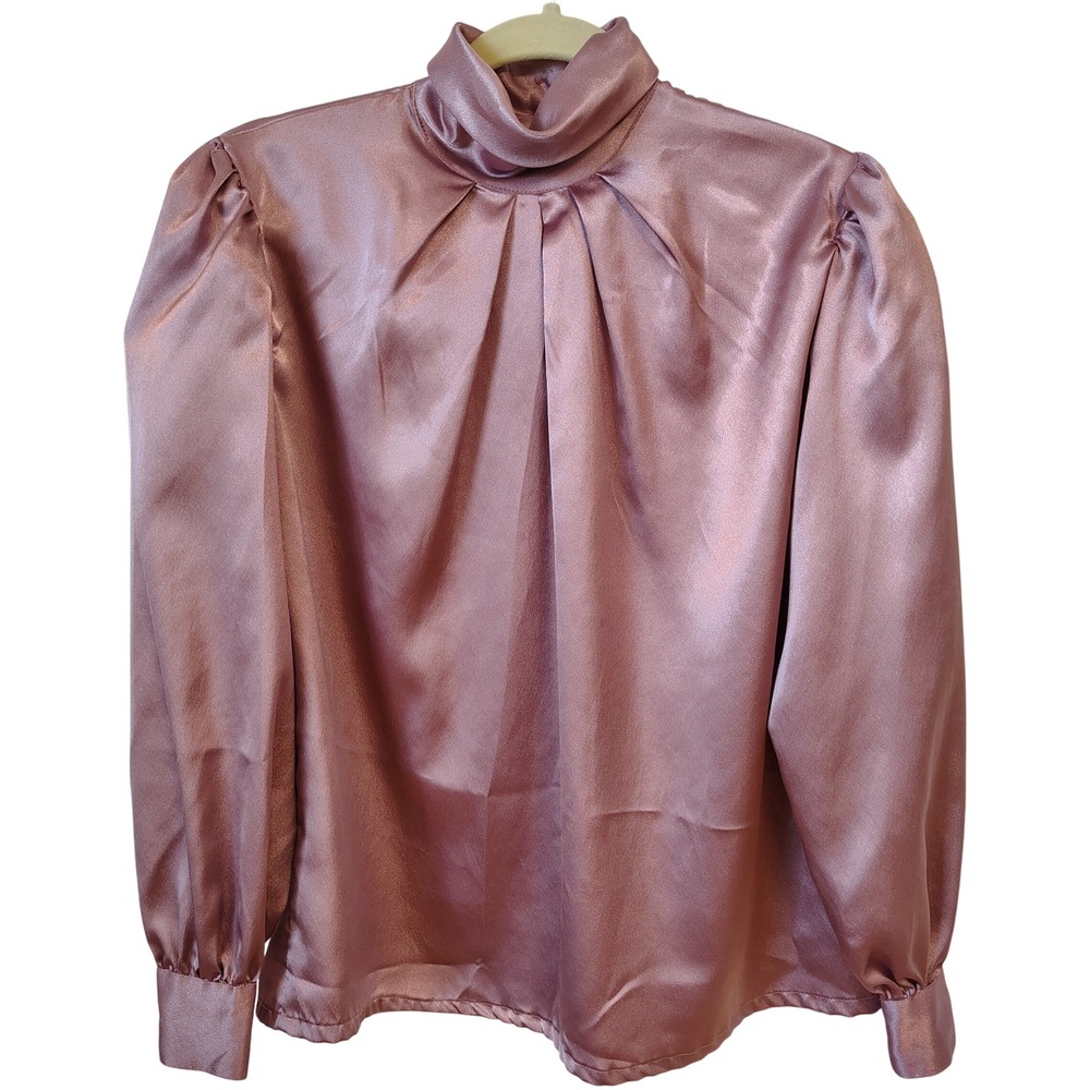 Vintage Laura‎ Scott Blouse Size 8 Mauve Satin Mock Neck Pleated Long Sleeve